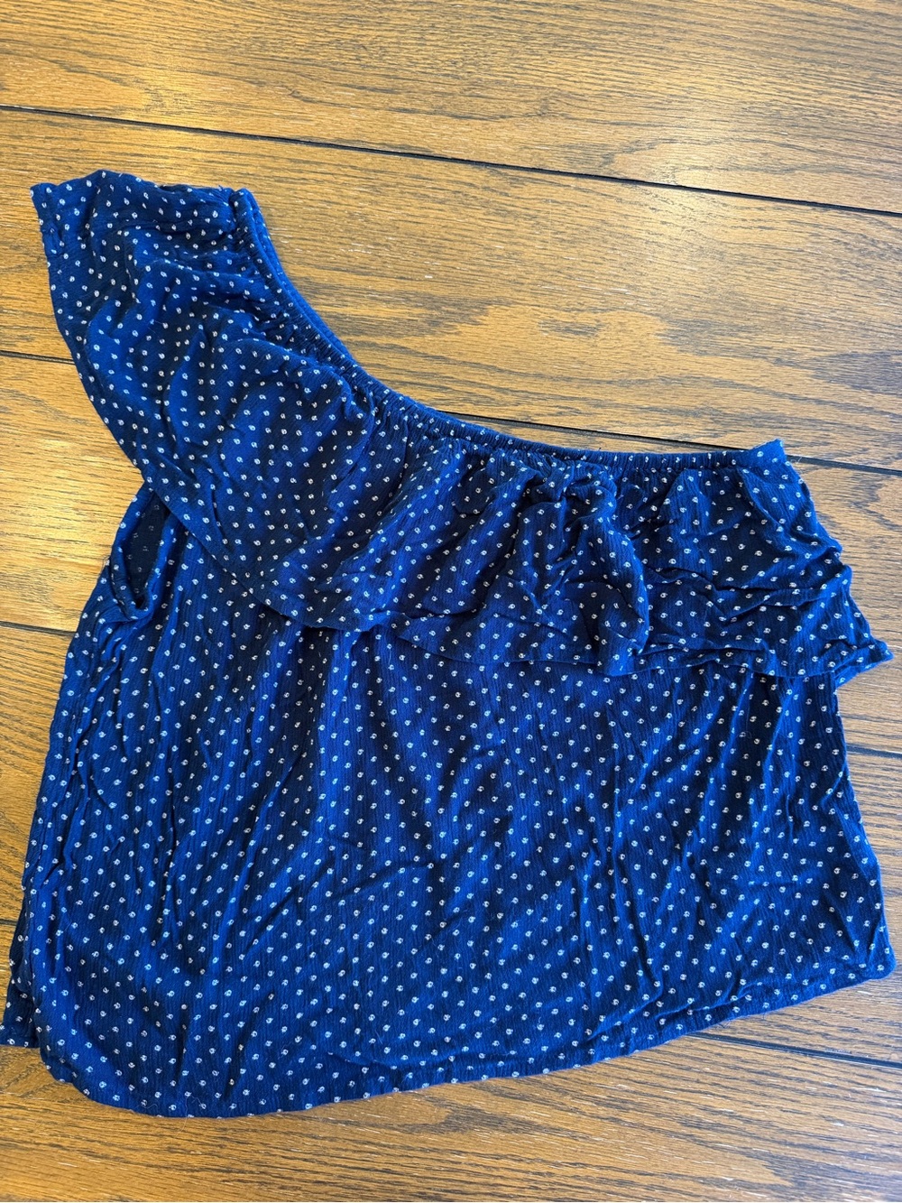 American Eagle Outfitters Navy Blue One-Shoulder Ruffle Polka Dot Crop Top